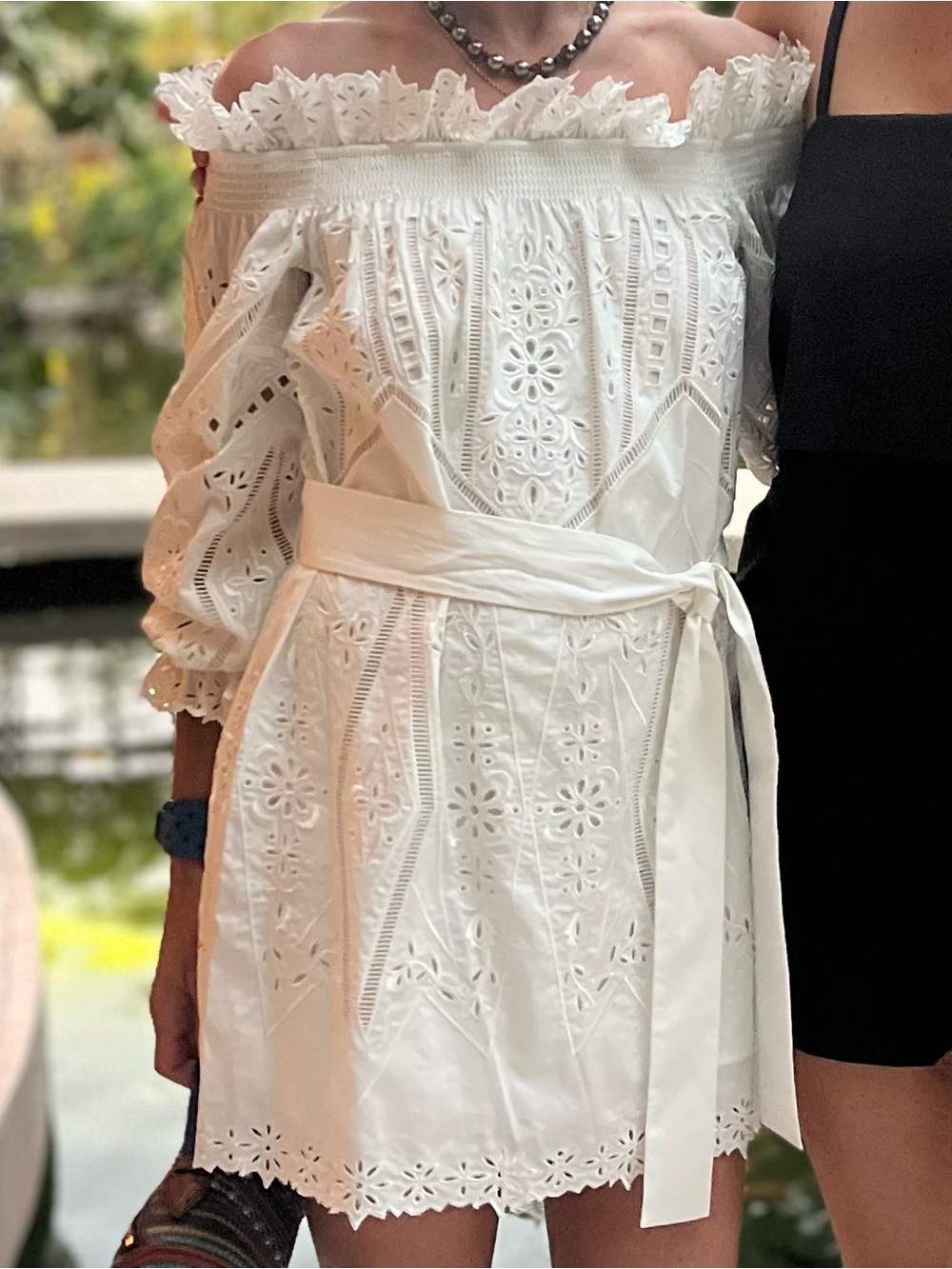 Christy Lynn White Off-Shoulder Eyelet Lace Dress with Waist Tie
